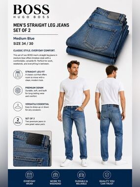 • Boss • Men’s Straight Leg Jeans  Set of 2 Medium Blue
34 / 30